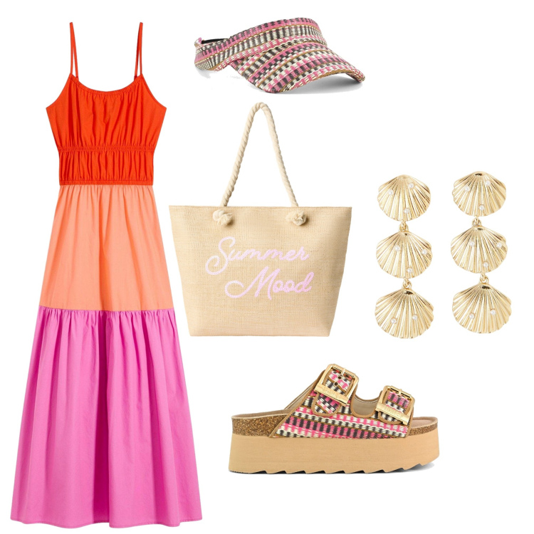 Outfit donna - Ancora estate. Stile Boho per Mare. Abbinamento con vestiti, orecchini, borse tote, sandali, cappelli con visiera.