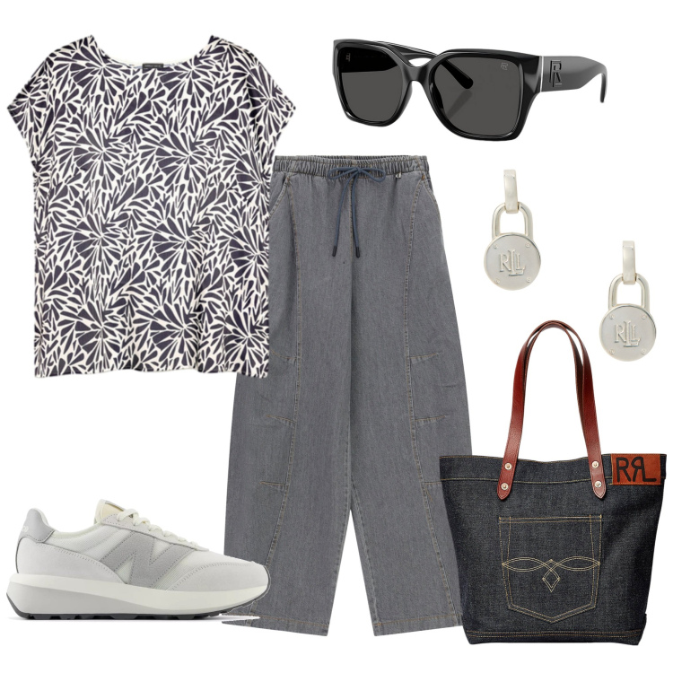Outfit donna - Un giorno di riposo. Stile Casual per Tutti i giorni. Abbinamento con sneakers, pantaloni a palazzo, borse tote, orecchini, occhiali da sole, t-shirt.