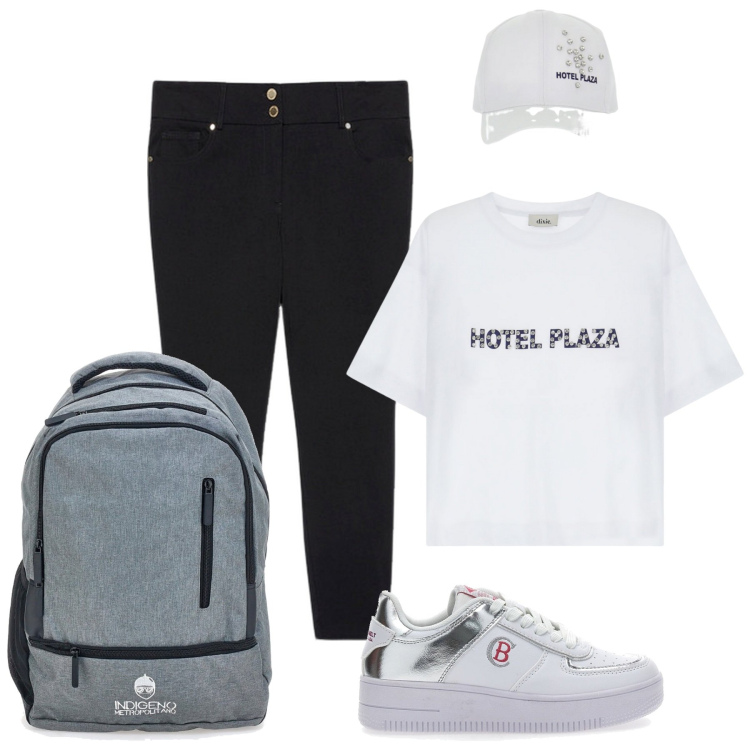 Outfit donna - In libertà. Stile Basic per Tutti i giorni. Abbinamento con t-shirt, pantaloni skinny, sneakers, zaini.