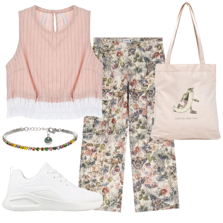 Outfit donna - Semplice e carina. Stile Romantica per Tutti i giorni. Abbinamento con shopping bag, pantaloni cargo, top, braccialetti, sneakers.