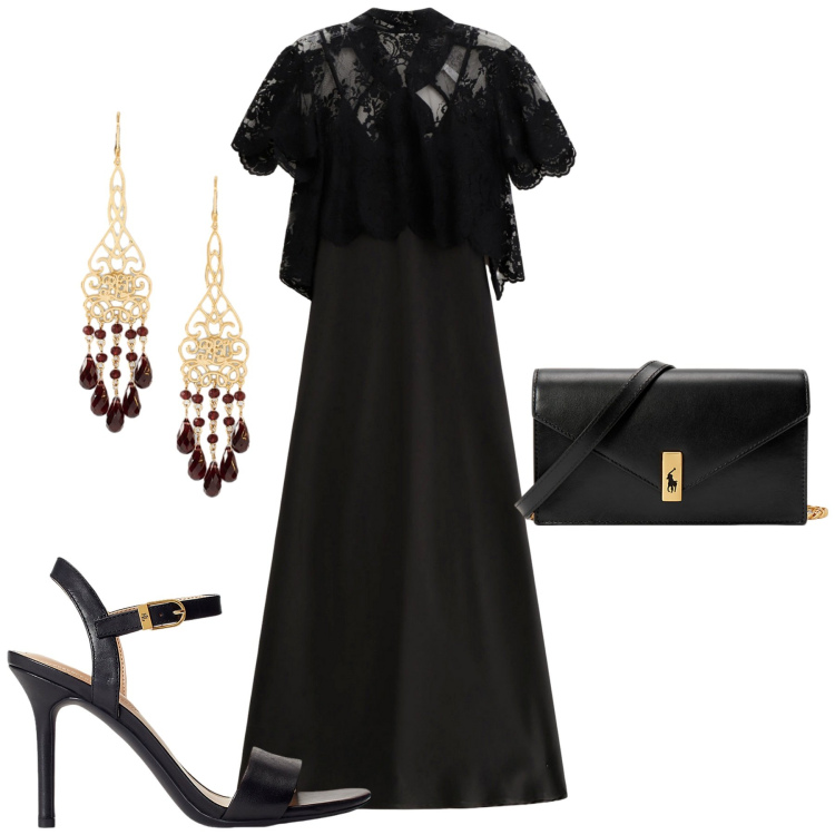 Outfit donna - Evento elegante. Stile Chic per Serata fuori. Abbinamento con vestiti lunghi, orecchini, sandali in pelle, clutch.