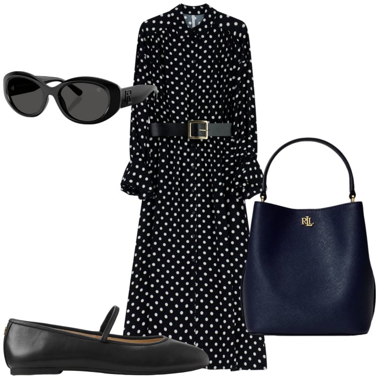 Outfit donna - Bentornato pois. Stile Chic per Ufficio. Abbinamento con vestiti midi/longuette, ballerine, occhiali da sole, borse a secchiello.
