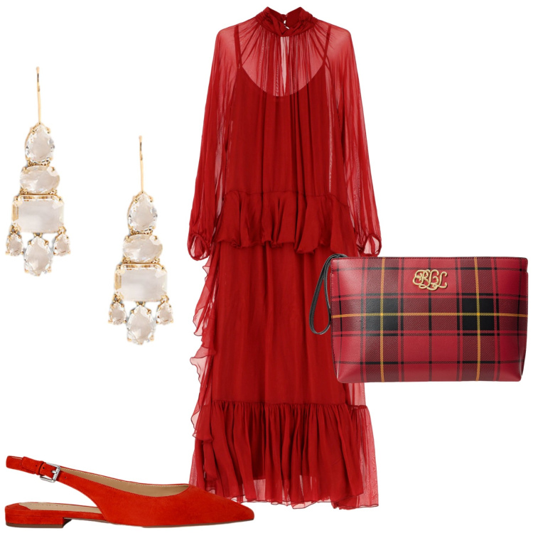 Outfit donna - Pochette tartan. Stile Glamour per Serata fuori. Abbinamento con vestiti lunghi, ballerine, orecchini, pochette.