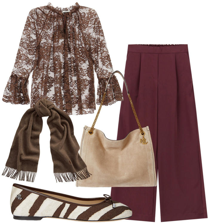 Outfit donna - Pizzo colore cioccolato. Stile Chic per Serata fuori. Abbinamento con pantaloni a palazzo, camicie, sciarpe, ballerine, borse tote.
