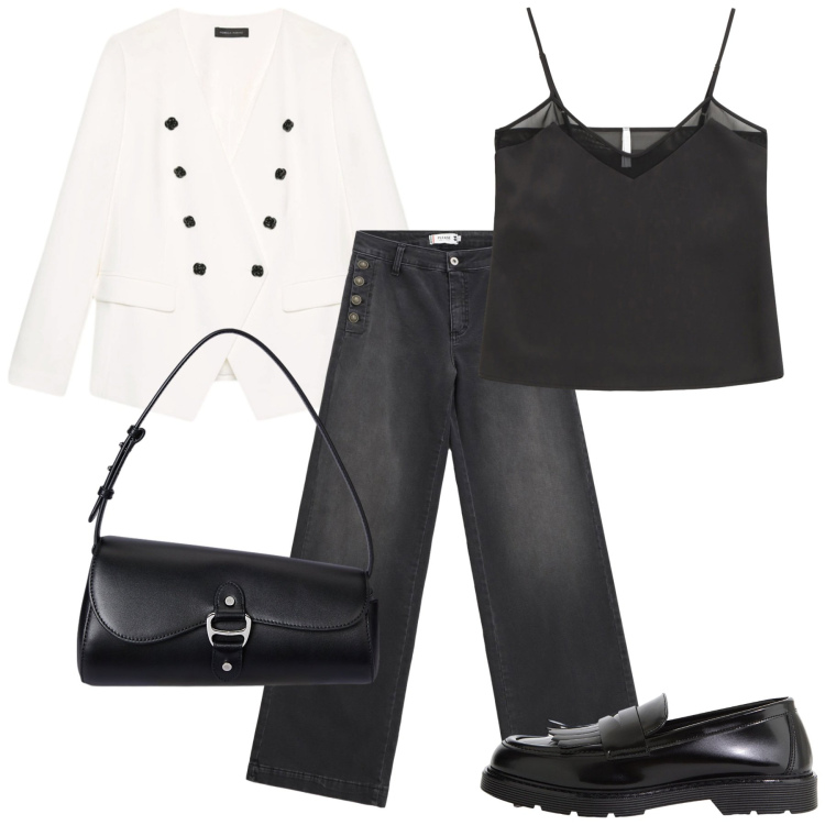 Outfit donna - Quanti bottoncini. Stile Trendy per Ufficio. Abbinamento con jeans, top, mocassini, borse a spalla, blazer.