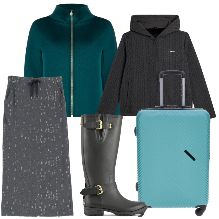 Outfit donna - La valigia per il weekend. Stile Casual per Tutti i giorni. Abbinamento con cappe, felpe con cappuccio, gonne lunghe, stivali, valigie.