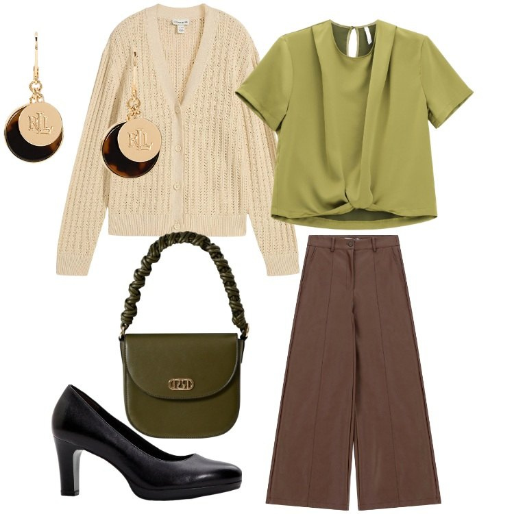 Outfit donna - Ritorno in ufficio. Stile Casual chic per Ufficio. Abbinamento con cardigans, décolleté, borse a mano, pantaloni a palazzo, bluse, orecchini.