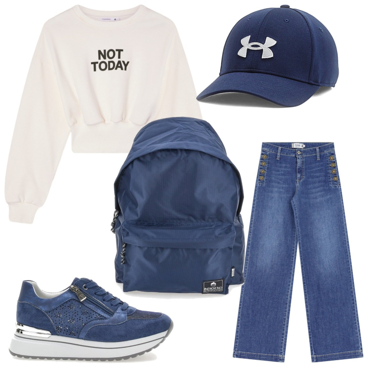 Outfit donna - Not today. Stile Minimal per Scuola/Università. Abbinamento con felpe, jeans a zampa, zaini, cappelli, sneakers.