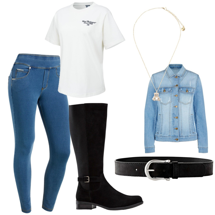 Outfit donna - Back to school. Stile Casual per Scuola/Università. Abbinamento con cinture, blazer, stivali, t-shirt, ciondoli, jeans skinny.