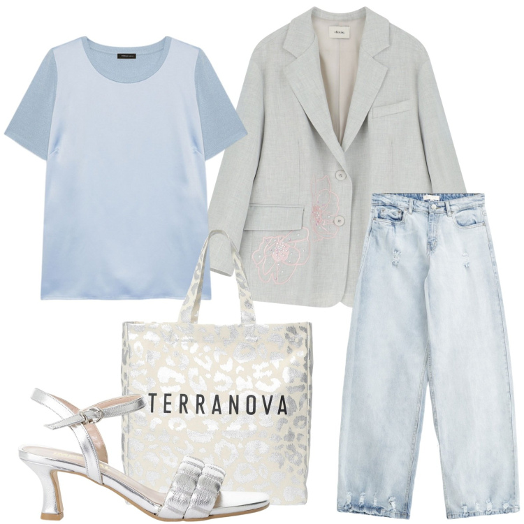 Outfit donna - Colori pastello. Stile Casual per Ufficio. Abbinamento con borse tote, jeans, sandali col tacco, blazer, t-shirt.