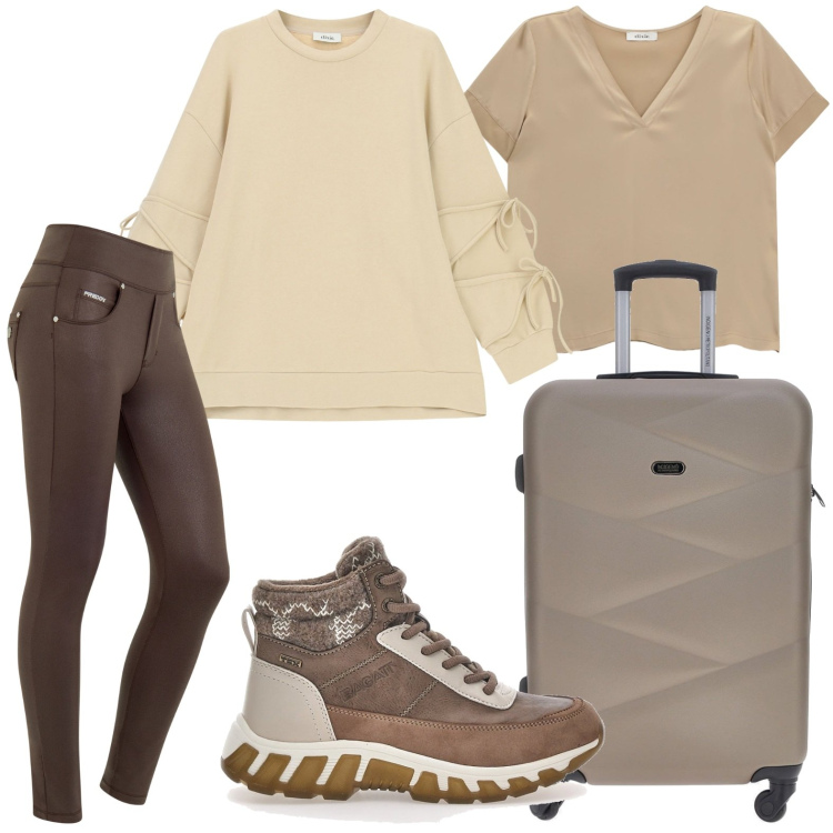 Outfit donna - Partenza sportiva. Stile Urban per Tutti i giorni. Abbinamento con jeans skinny, felpe, t-shirt, stivaletti, valigie.