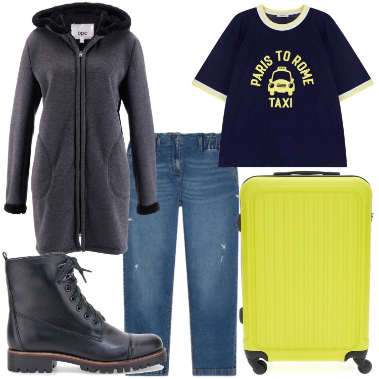 Outfit donna - In viaggio. Stile Minimal per Tutti i giorni. Abbinamento con felpe, t-shirt, stivaletti, jeans strappati, valigie.