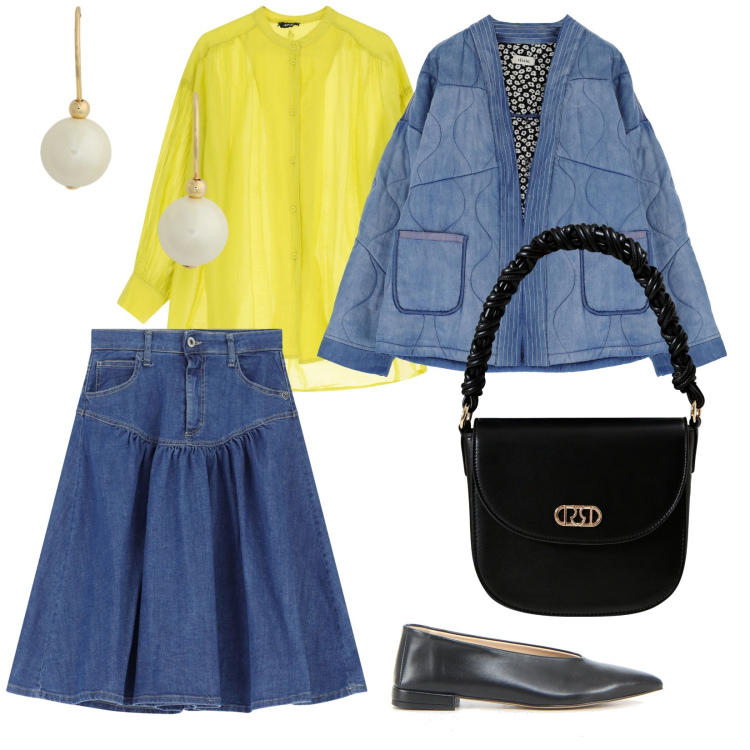 Outfit donna - Comoda in città. per Tutti i giorni. Abbinamento con borse a mano, gonne longuette, blazer, camicie, orecchini, ballerine.