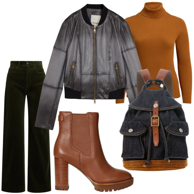 Outfit donna - Effetto delavé. Stile Glamour per Ufficio. Abbinamento con blazer, zaini, pantaloni, maglieria, stivaletti chelsea.