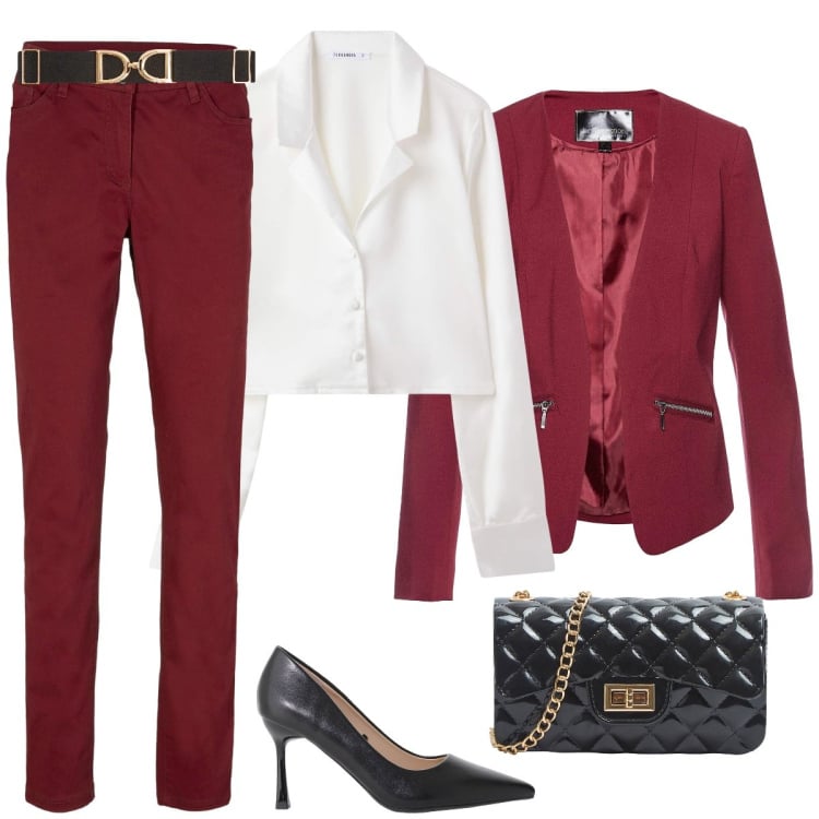 Outfit donna - Riunione. Stile Chic per Ufficio. Abbinamento con blazer, pantaloni, borse a tracolla, camicie, cinture, décolleté.