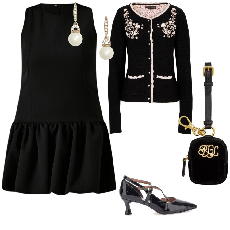 Outfit donna - Cena. per Serata fuori. Abbinamento con cardigans, vestiti senza maniche, orecchini, pochette, décolleté.