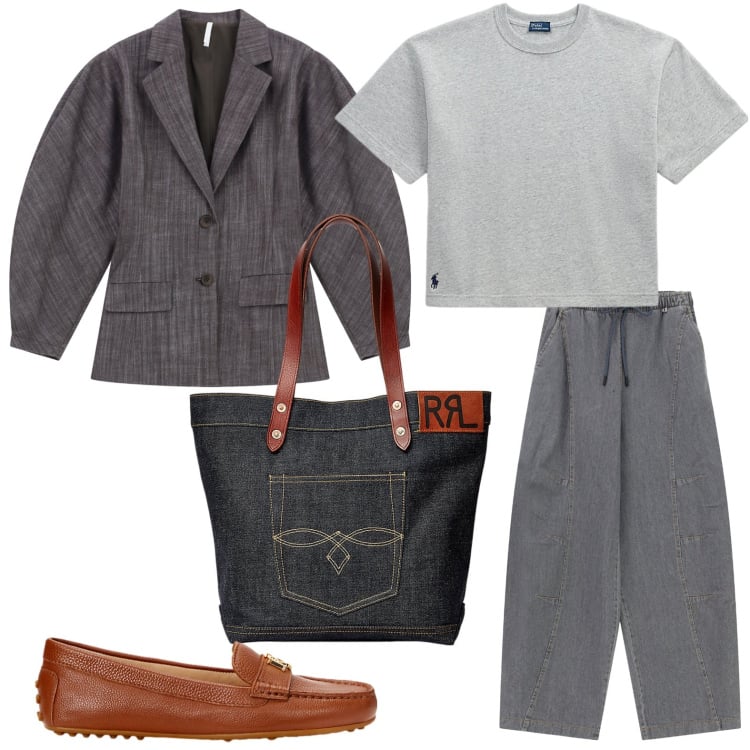Outfit donna - Il blazer destrutturato. Stile Minimal per Scuola/Università. Abbinamento con blazer, pantaloni a palazzo, borse tote, mocassini, t-shirt.