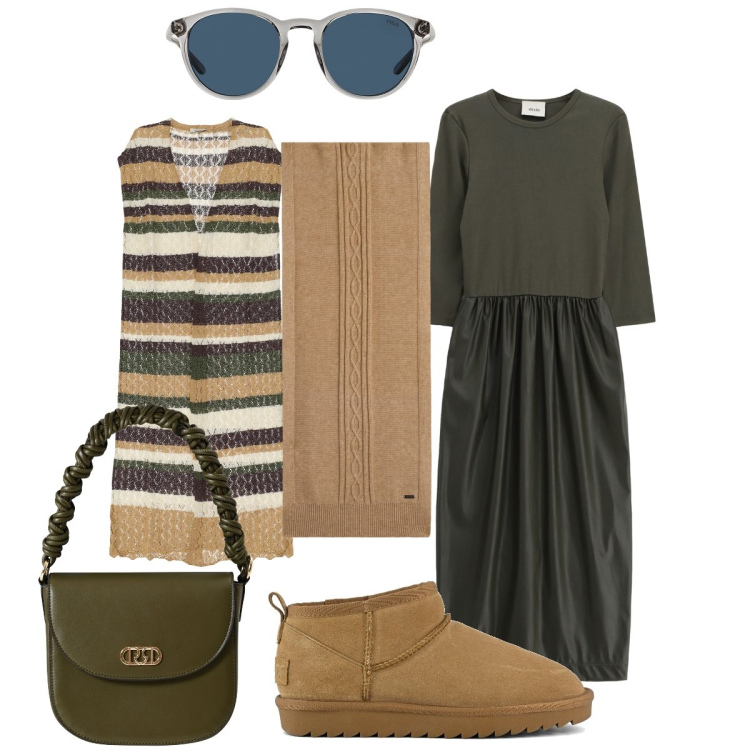 Outfit donna - Il cardigan senza maniche. Stile Trendy per Tutti i giorni. Abbinamento con borse a mano, sciarpe, gilet, vestiti midi/longuette, occhiali da sole, stivali.