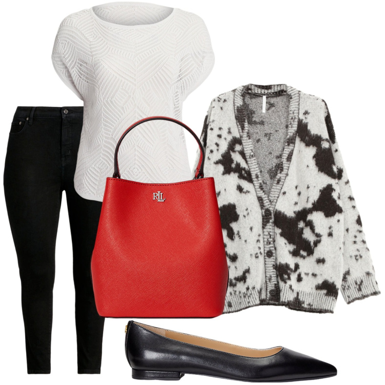 Outfit donna - Il cardigan audace. Stile Romantica per Scuola/Università. Abbinamento con cardigans, ballerine, jeans skinny, borse a secchiello, t-shirt.