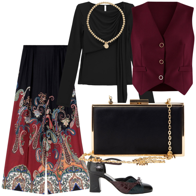 Outfit donna - Stasera usciamo. per Serata fuori. Abbinamento con gilet, pochette, pantaloni a palazzo, bluse, décolleté, collane.
