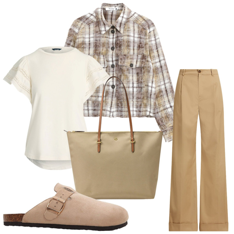Outfit donna - Quadri di stagione. Stile Casual per Scuola/Università. Abbinamento con pantofole, camicie, borse tote, pantaloni, t-shirt.