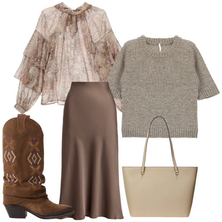 Outfit donna - Boho autunnale. Stile Boho per Scuola/Università. Abbinamento con camicie, maglieria, stivali, gonne, borse tote.