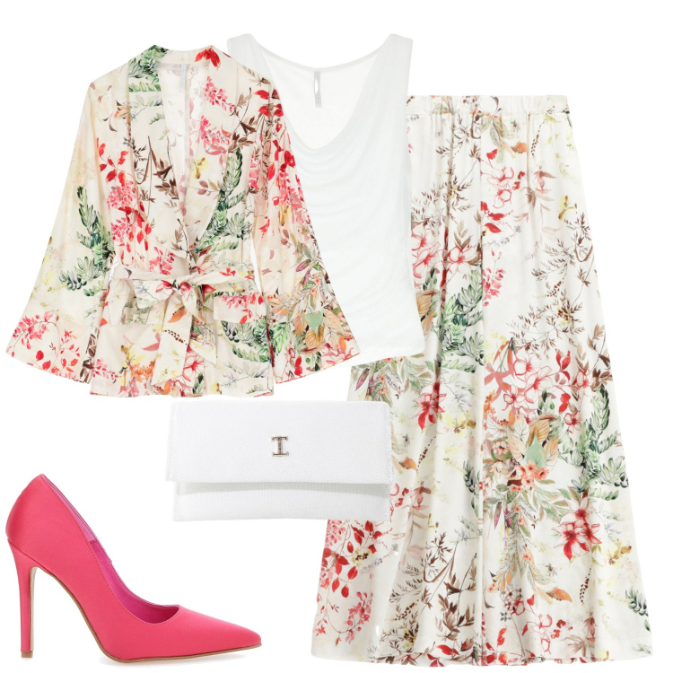 Outfit donna - Flowers. Stile Romantica per Tutti i giorni. Abbinamento con borse a tracolla, blazer, top, pantaloni, décolleté.
