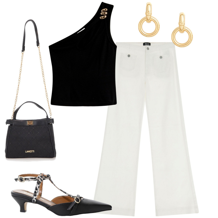 Outfit donna - City. Stile Casual chic per Tutti i giorni. Abbinamento con top, décolleté, pantaloni a palazzo, orecchini, borse a tracolla.