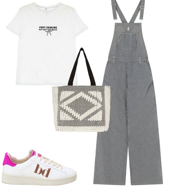 Outfit donna - Total look #2243219. Stile Casual per Tutti i giorni. Abbinamento con salopette, t-shirt, sneakers, shopping bag.