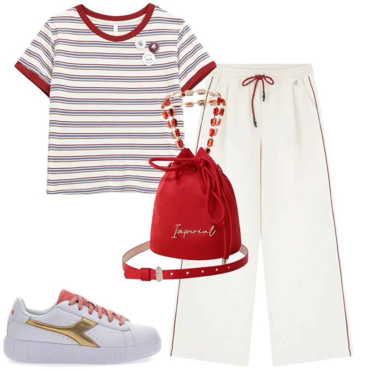 Outfit donna - Settembre. Stile Casual per Tutti i giorni. Abbinamento con borse a secchiello, t-shirt, pantaloni, sneakers.