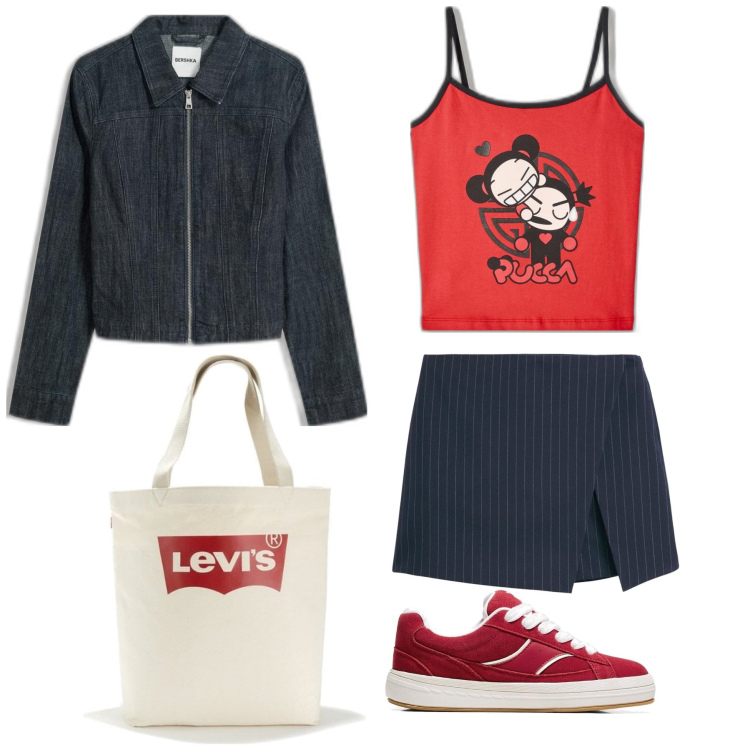 Outfit mujer - Preppy #603. Estilo Preppy para Todos los días. Combinación con sneakers, faldas, bolso tote, blazers, top.