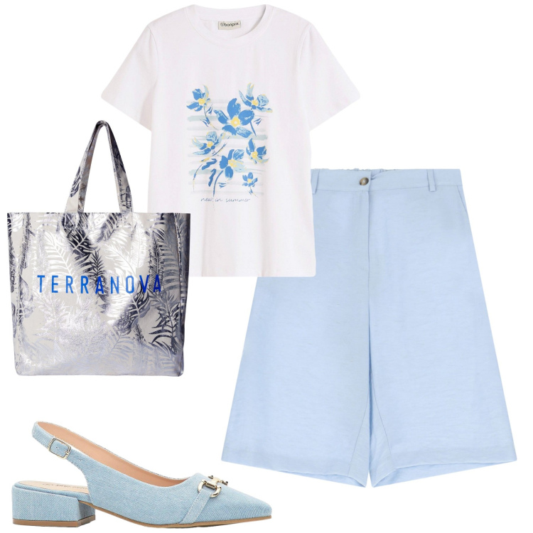 Outfit donna - Settembre. Stile Minimal per Tutti i giorni. Abbinamento con t-shirt, décolleté, borse tote, shorts.