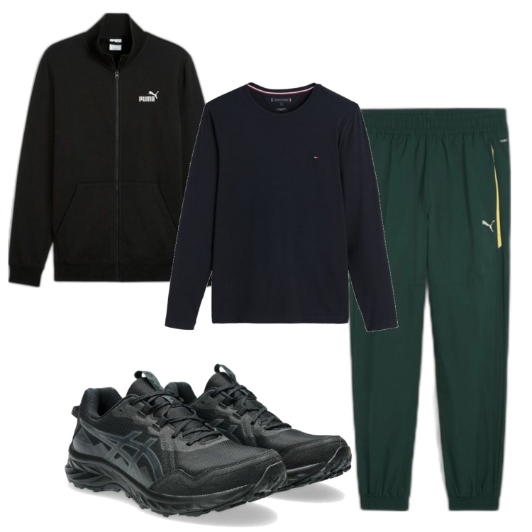 Outfit hombre - Deportes. Estilo Casual para Deporte. Combinación con camiseta, sudaderas con capucha, pantalones, sneakers.