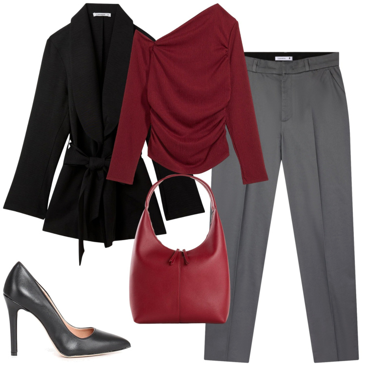 Outfit donna - City. Stile Urban per Tutti i giorni. Abbinamento con shopping bag, maglieria, pantaloni chino, blazer, décolleté.