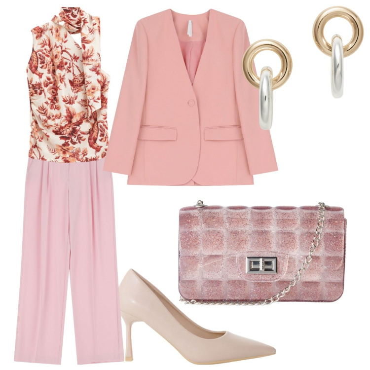Outfit donna - Serata a teatro. Stile Chic per Serata fuori. Abbinamento con borse a tracolla, pantaloni, décolleté, blazer, top, orecchini.