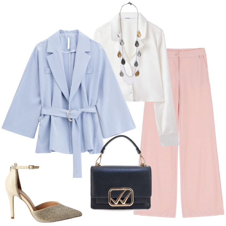 Outfit donna - Vivaldi. Stile Chic per Cerimonia. Abbinamento con décolleté, camicie, blazer, pantaloni, borse a tracolla, collane.