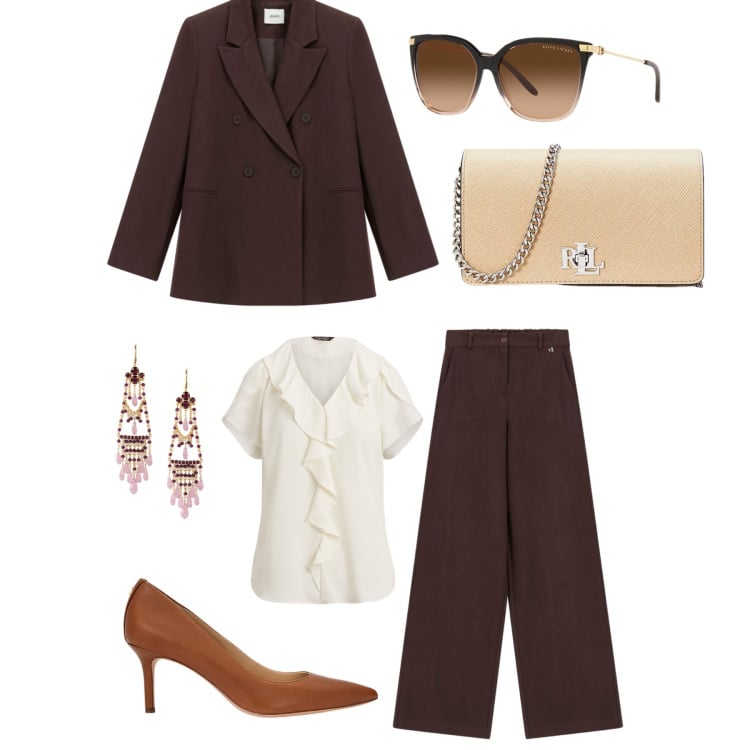Outfit donna - Eleganza. Stile Casual chic per Ufficio. Abbinamento con pantaloni, occhiali da sole, borse a tracolla, décolleté, camicie, orecchini.
