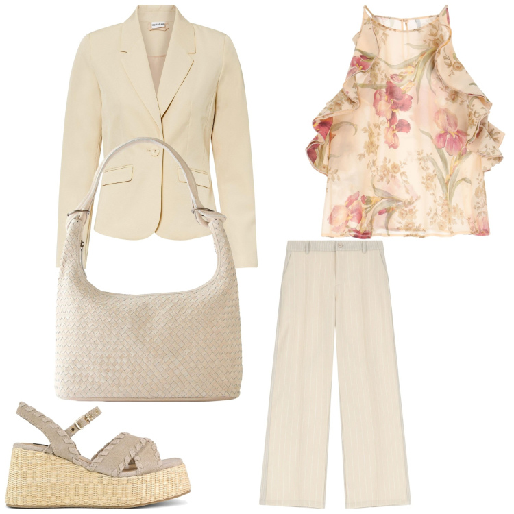 Outfit donna - Fiori. Stile Casual chic per Ufficio. Abbinamento con blazer, shopping bag, pantaloni, canottiere, zeppe.
