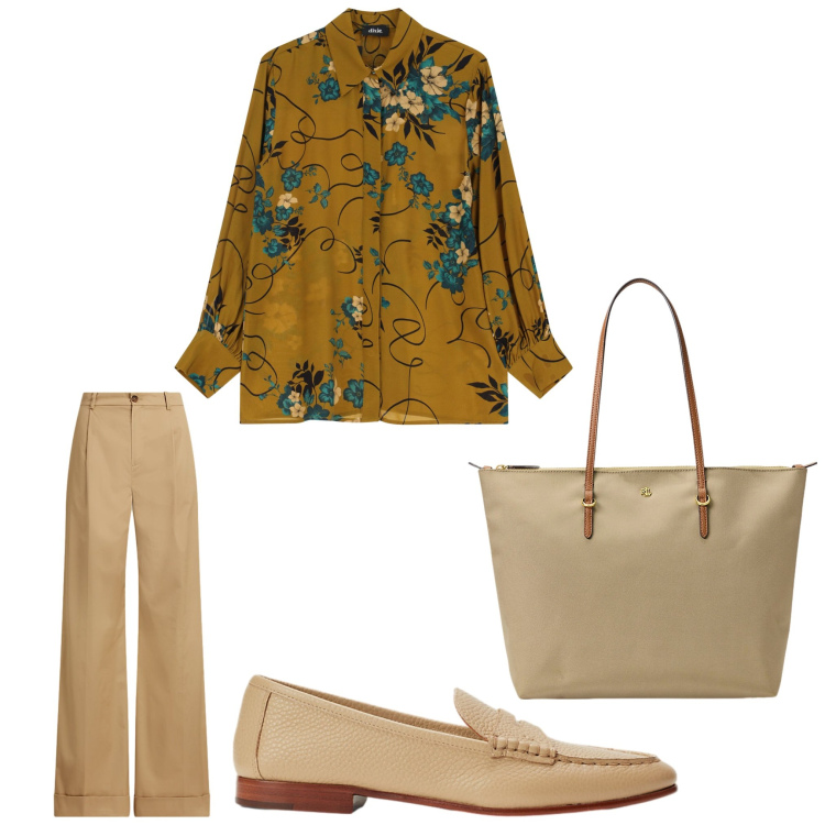 Outfit donna - In ufficio. Stile Casual chic per Ufficio. Abbinamento con camicie, borse tote, mocassini, pantaloni.