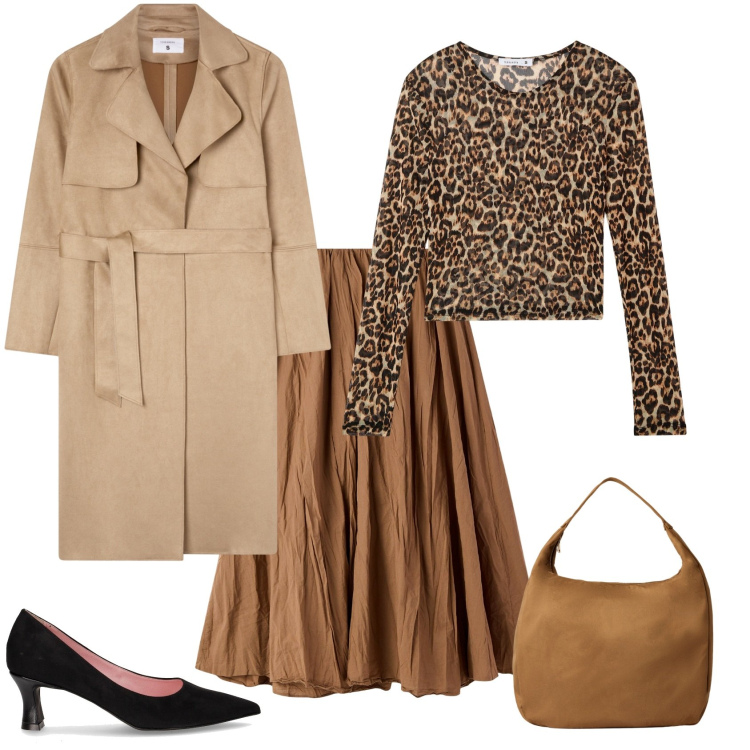 Outfit donna - Total look #2243363. Stile Casual chic per Serata fuori. Abbinamento con t-shirt, gonne lunghe, borse a mano, trench, décolleté.