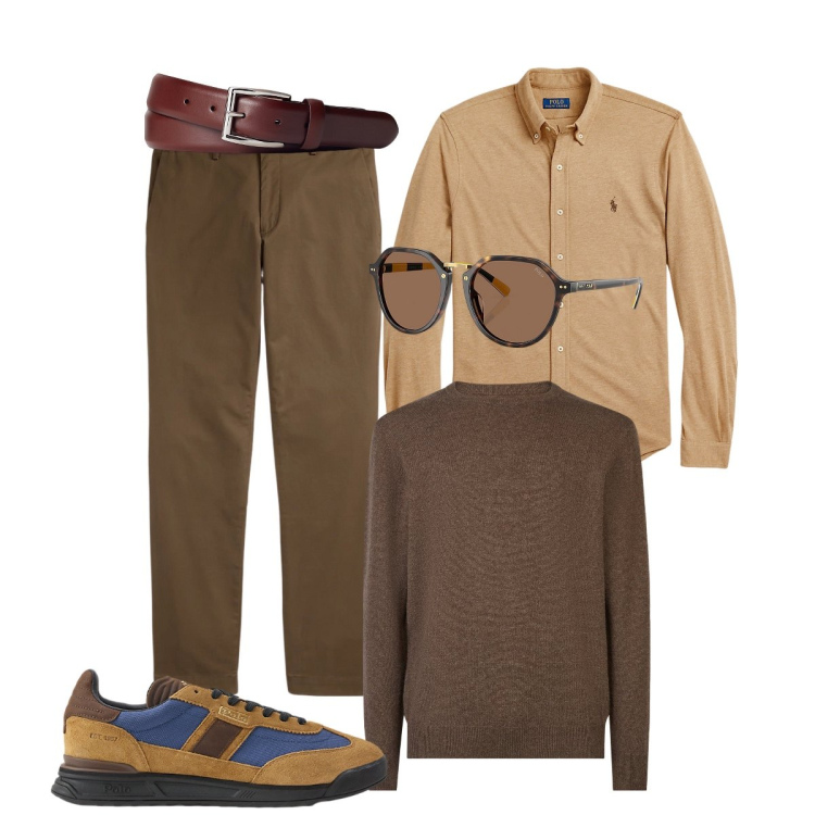 Outfit uomo - Stile Polo Ralph Lauren. Stile Trendy per Tutti i giorni. Abbinamento con occhiali da sole, camicie, cinture, pantaloni chino, sneakers, maglieria.