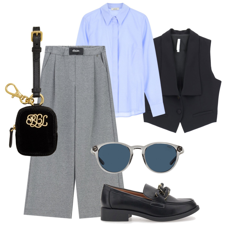 Outfit donna - Ufficio in autunno. Stile Mannish per Ufficio. Abbinamento con gilet, camicie, pantaloni a palazzo, occhiali da sole, pochette, mocassini.