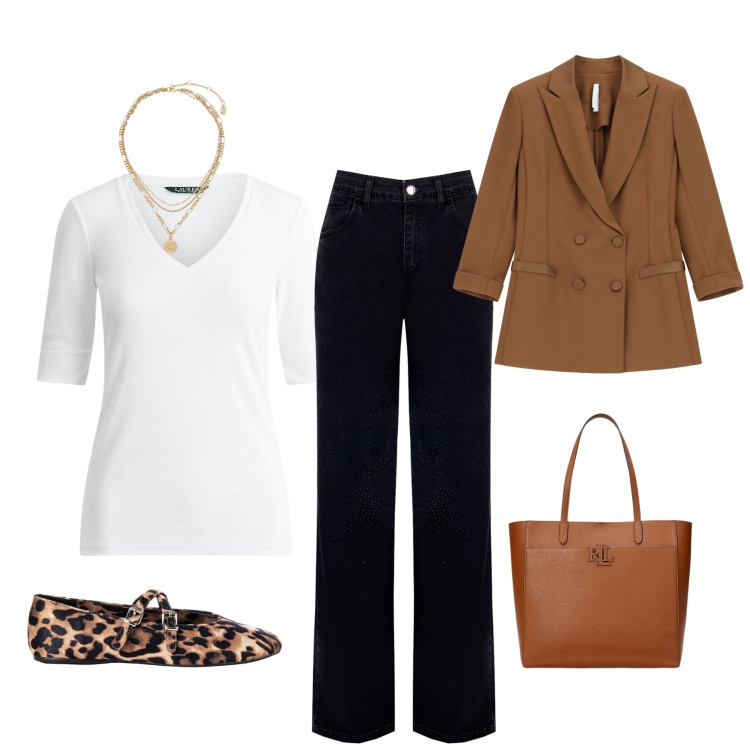 Outfit donna - Sportychic. Stile Casual chic Abbinamento con jeans dritti, ballerine, blazer, ciondoli, borse tote, t-shirt.