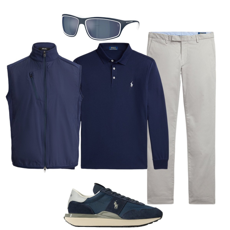 Outfit uomo - Ultimi giorni di mare. Stile Trendy per Mare. Abbinamento con gilet, sneakers, pantaloni chino, polo, occhiali da sole.