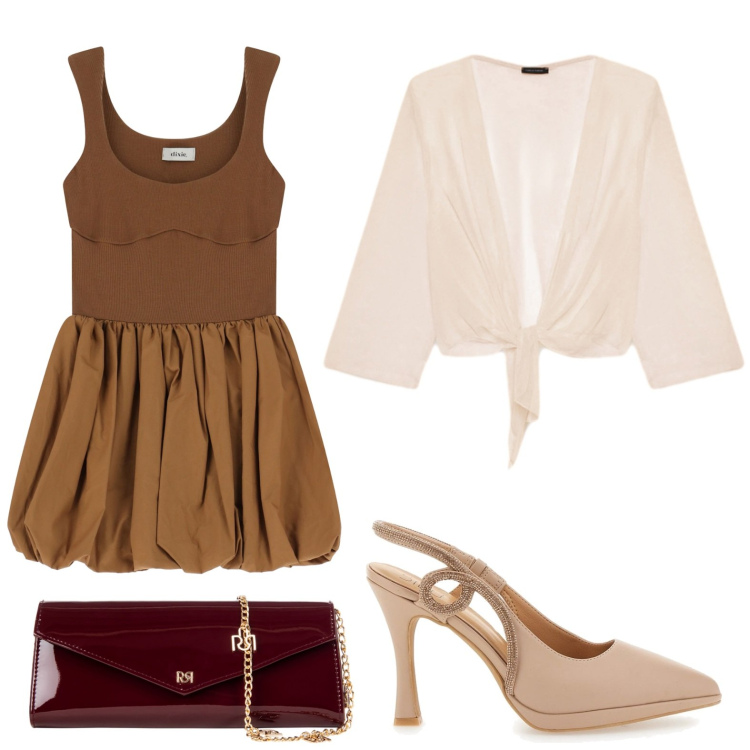 Outfit donna - Raffinata. Stile Chic per Serata fuori. Abbinamento con pochette, vestiti corti, décolleté, bolero.
