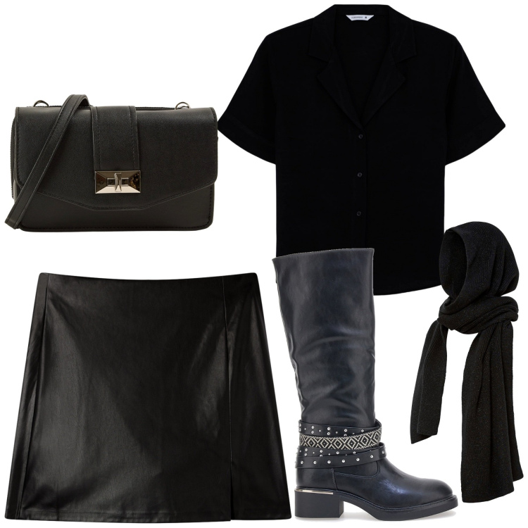 Outfit donna - Nero ma mai noioso. Stile Casual chic per Serata fuori. Abbinamento con sciarpe, camicie a manica corta, borse a tracolla, minigonne, stivali.