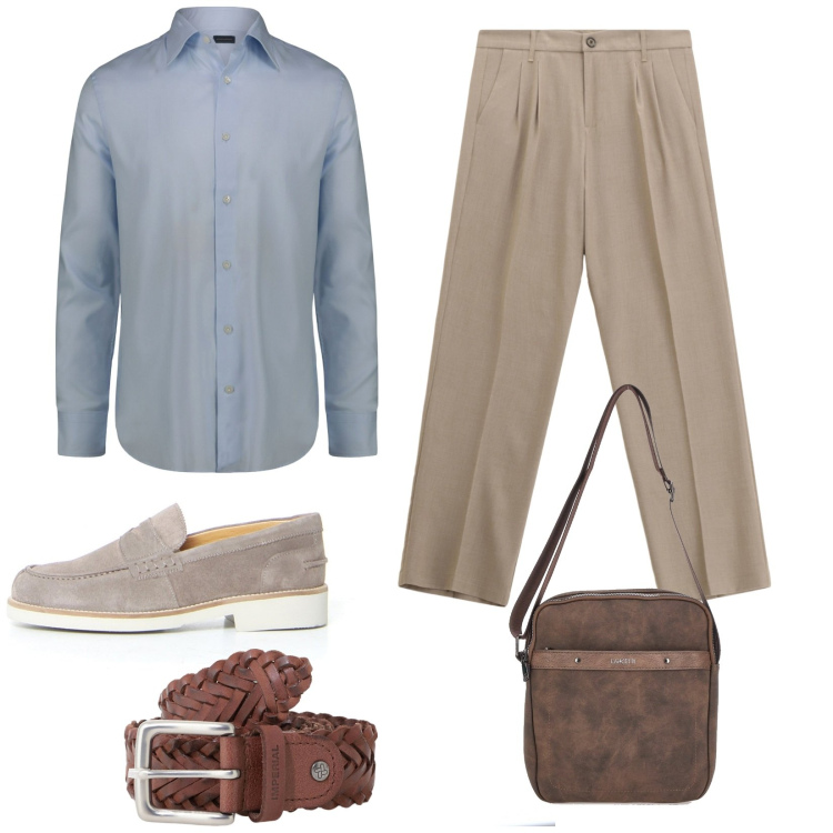 Outfit uomo - Aperitivo in terrazza. Stile Casual per Serata speciale. Abbinamento con cinture, pantaloni, portafogli, camicie, scarpe stringate.