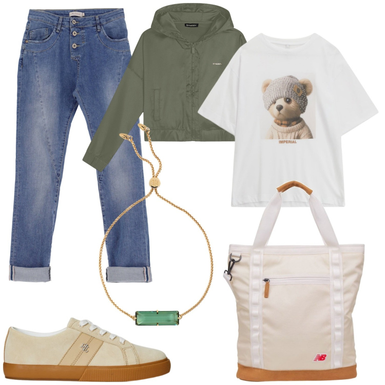 Outfit donna - Università a settembre. Stile Basic per Scuola/Università. Abbinamento con shopping bag, jeans slim fit, t-shirt, felpe con cappuccio, sneakers, braccialetti.