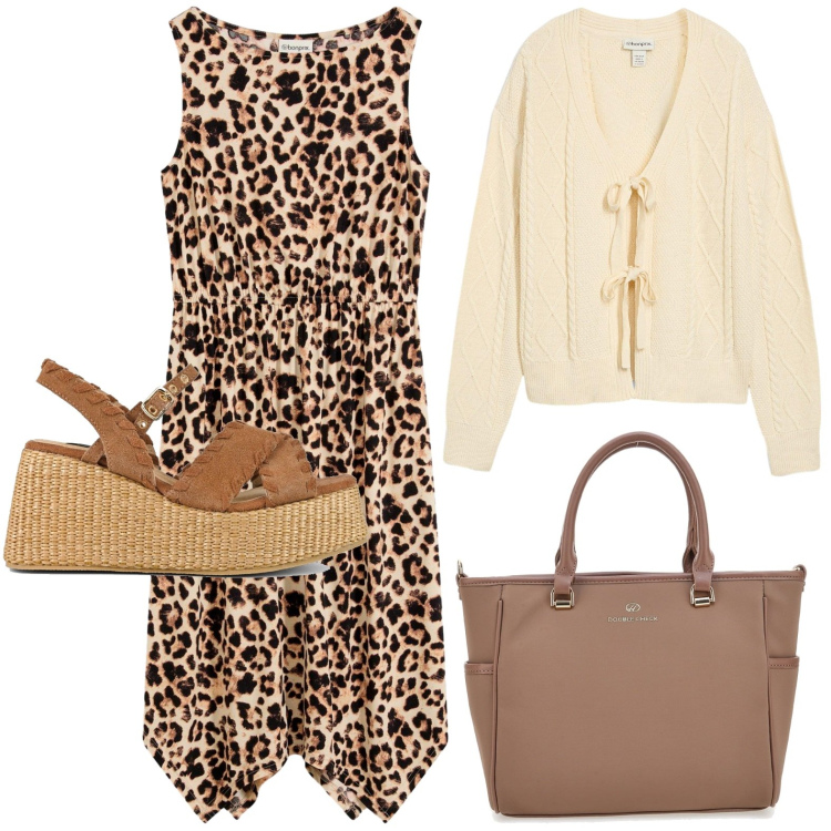 Outfit donna - Stile giungla. Stile Minimal per Tutti i giorni. Abbinamento con vestiti, cardigans, zeppe, borse a tracolla.