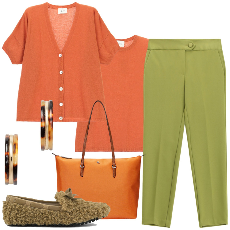 Outfit donna - Gemelli solari. Stile Casual chic per Ufficio. Abbinamento con pantaloni, cardigans, maglieria, borse tote, orecchini, mocassini.
